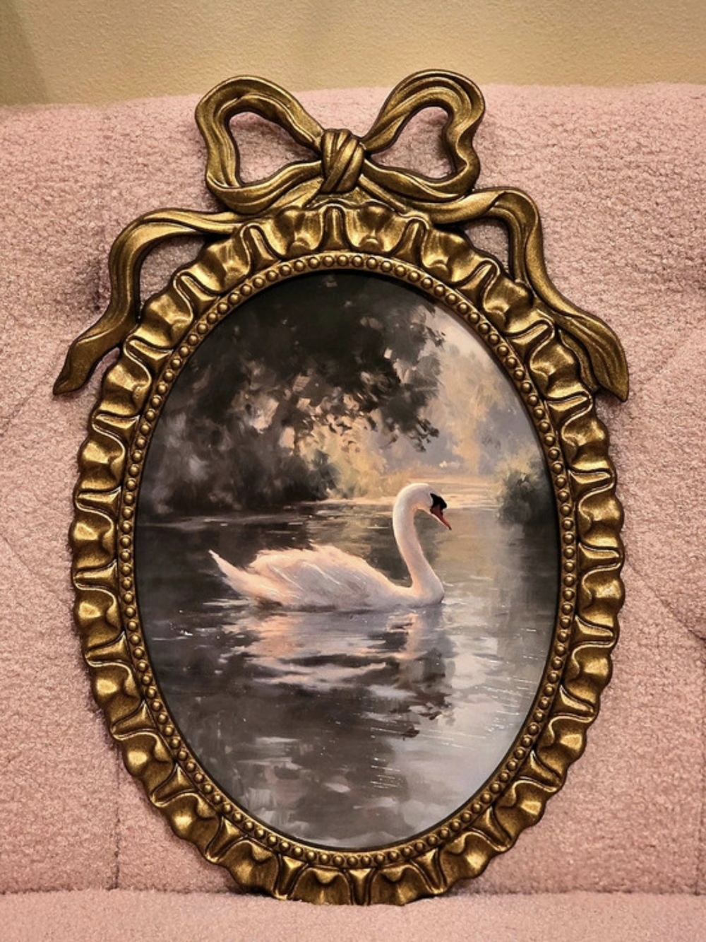 Swan Painting in Gold Bow Coquette Frame